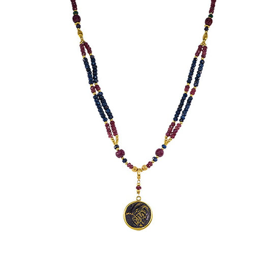 GALLEON Original Ancient Coin Rubies and Sapphires Necklace
