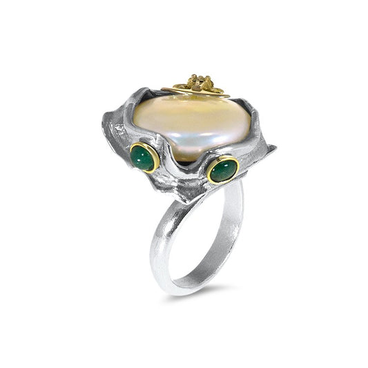 SERENDIPITY Emerald Pearl Silver and Gold Ring