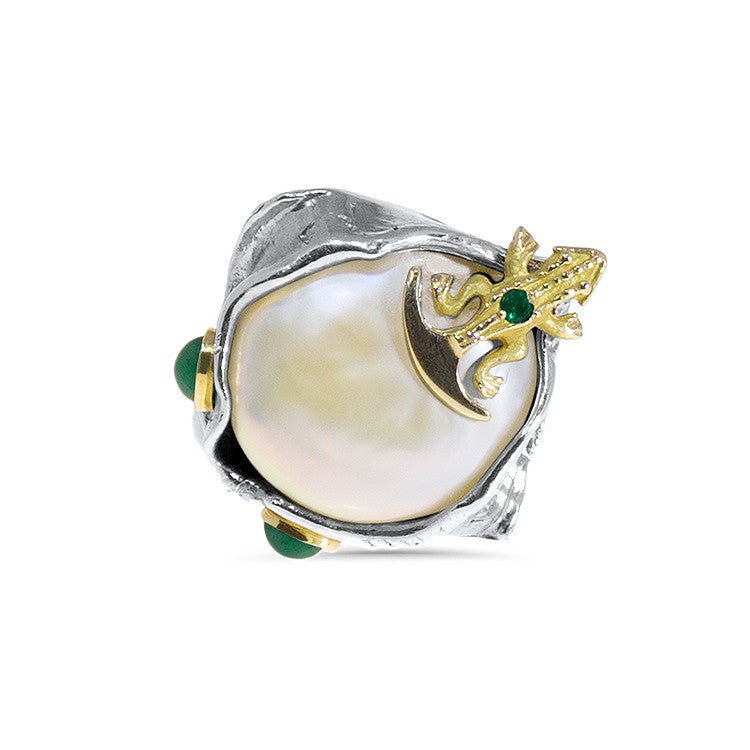 SERENDIPITY Emerald Pearl Silver and Gold Ring