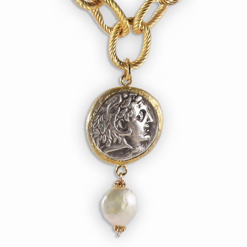 ALEXANDER the GREAT Silver Coin and Pearl Necklace