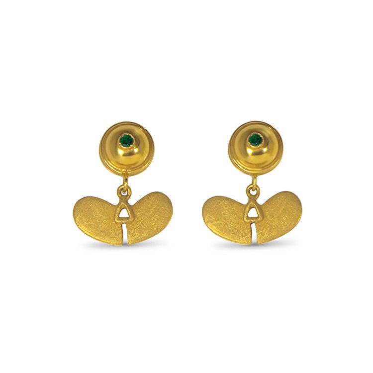 HEART WING Figures Emeralds Gold Earrings