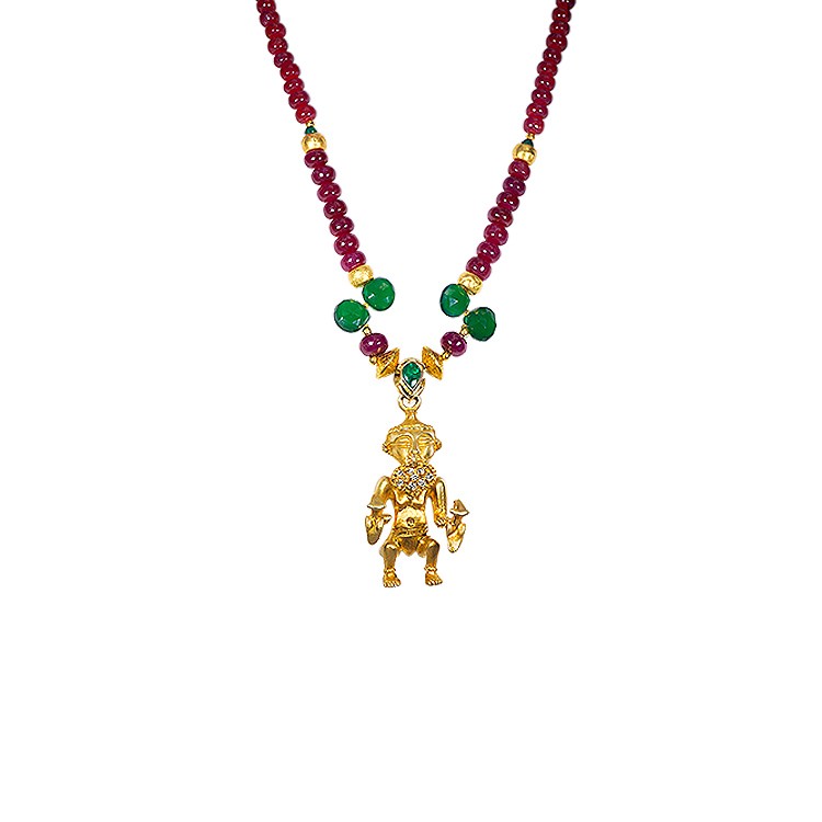 WOMAN HOLDING BIRDS Rubies Emeralds and Diamonds Gold Necklace