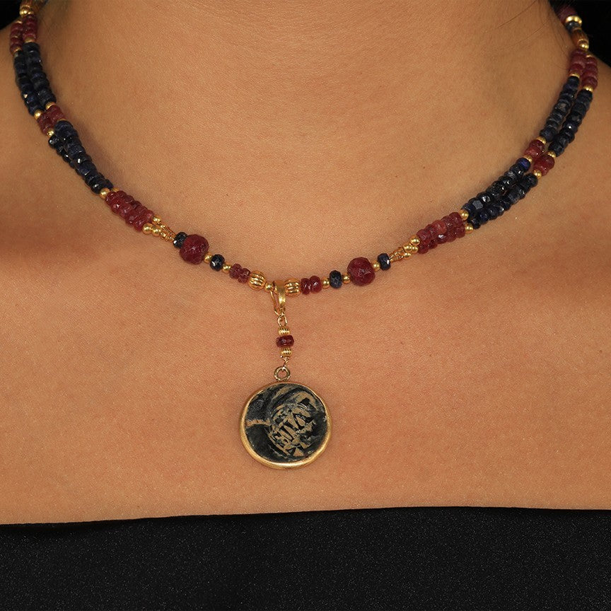 GALLEON Original Ancient Coin Rubies and Sapphires Necklace