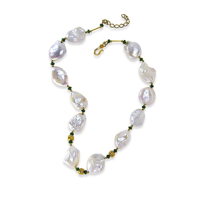 SNOWFALL Baroque Pearls and Emeralds Necklace - Image 2