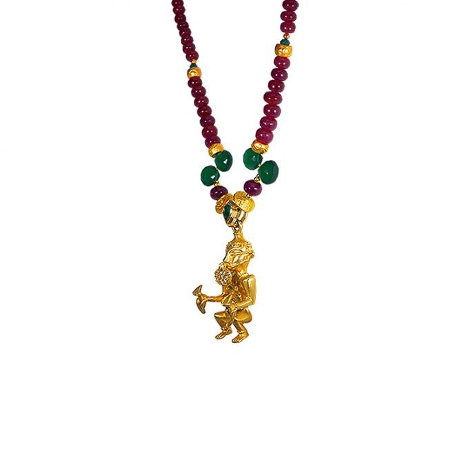 WOMAN HOLDING BIRDS Rubies Emeralds and Diamonds Gold Necklace - Image 4