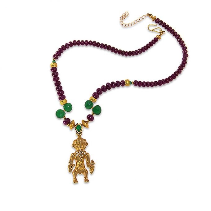 WOMAN HOLDING BIRDS Rubies Emeralds and Diamonds Gold Necklace - Image 3