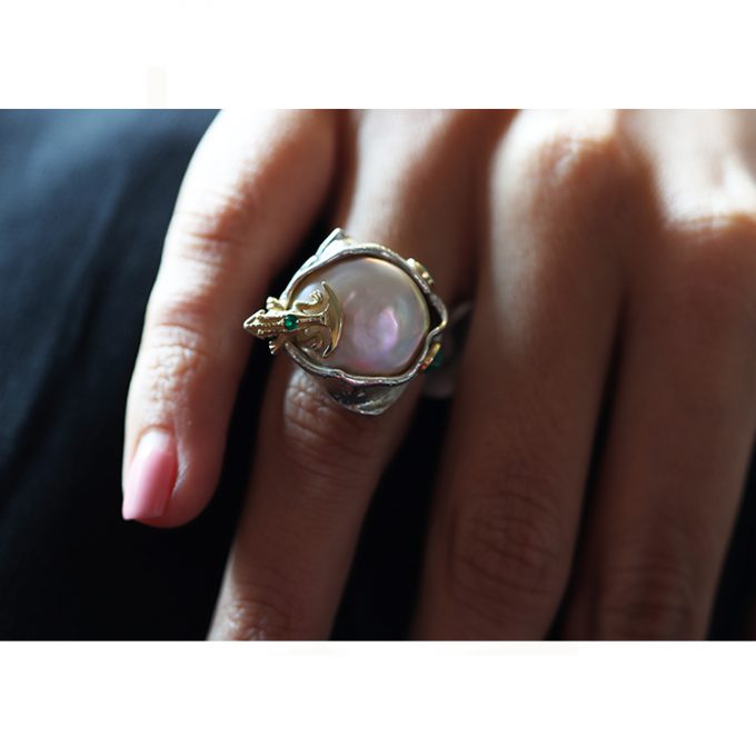 SERENDIPITY Emerald Pearl Silver and Gold Ring - Image 5